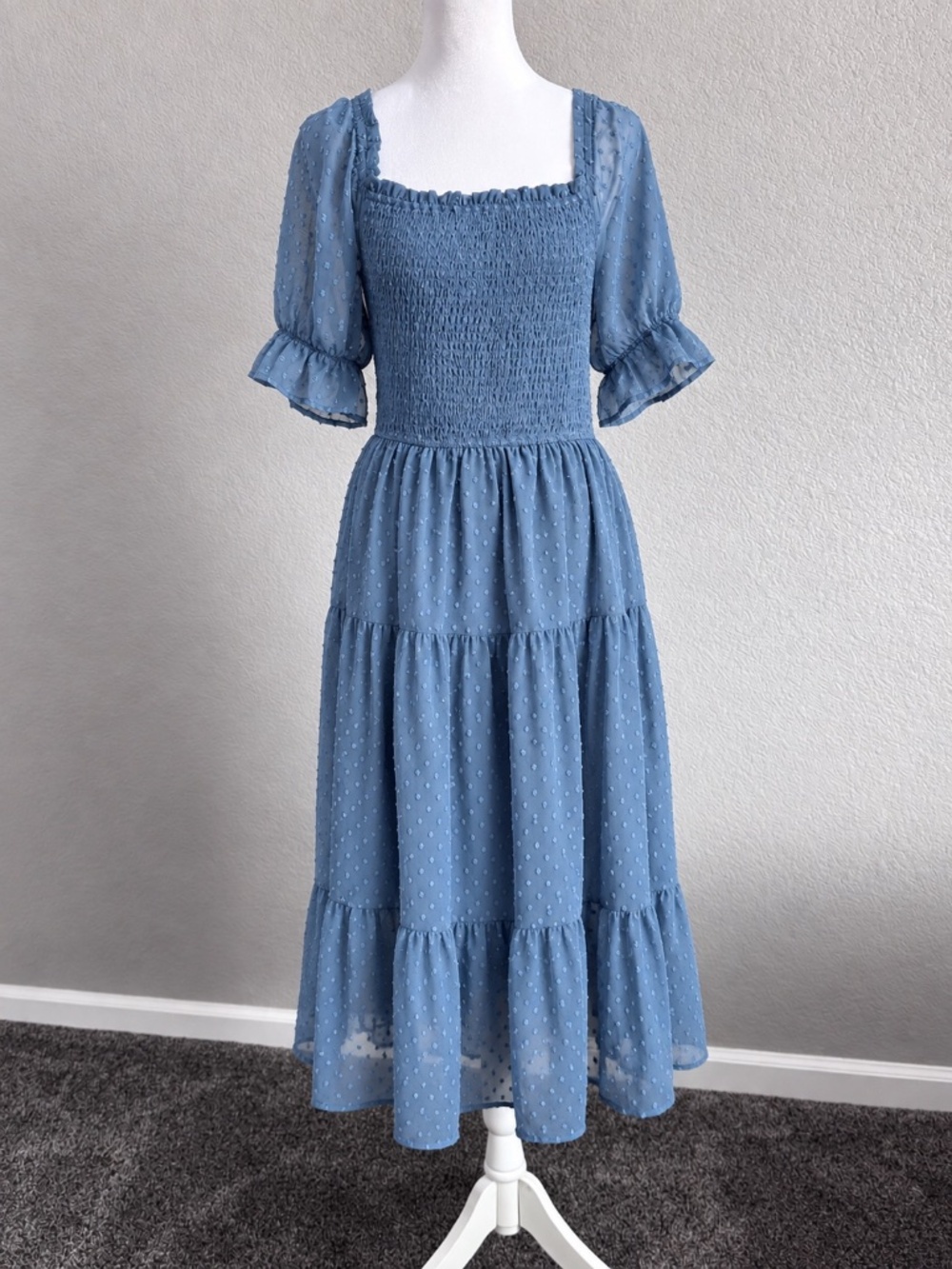 MEROKEETY BOHO Blue Swiss Dot Smocked Square Neck Midi Dress Size Medium - Picture 2 of 8